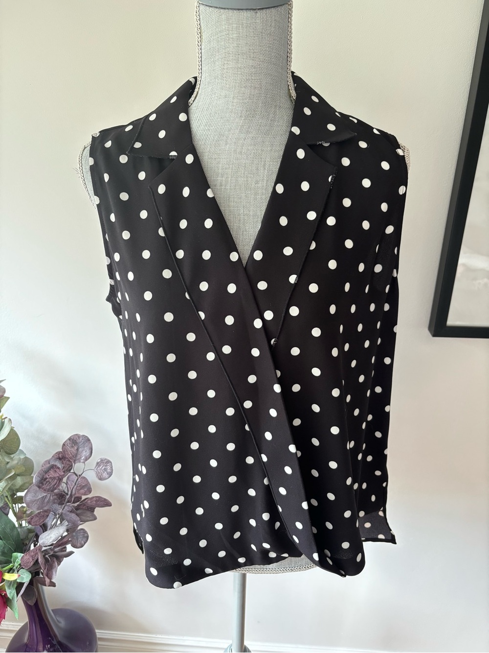 Tristan Black and White Polka Dot Sleeveless Wrap Blouse